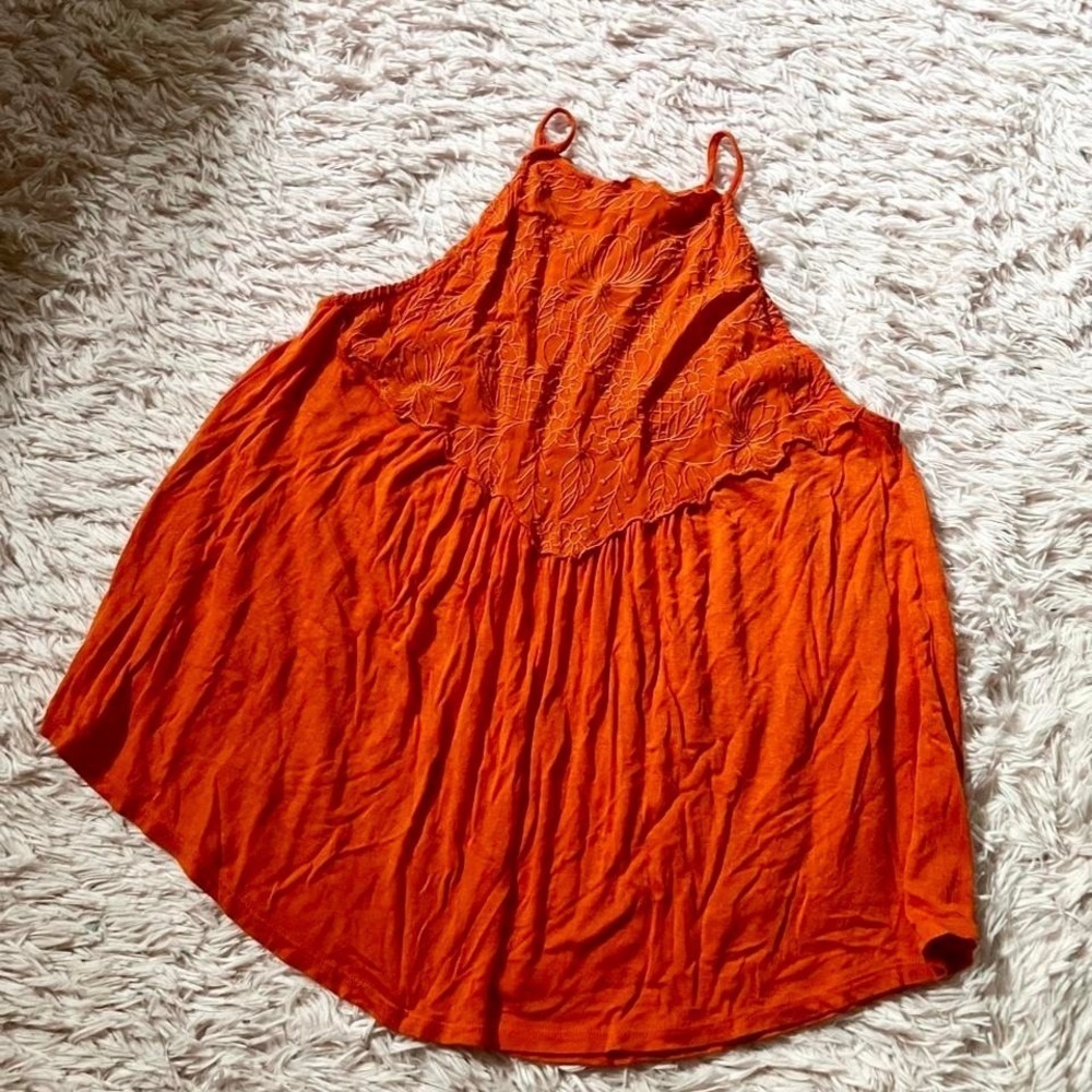 Whimsical Earthy Bold Warm Tone Floral Embroidered High Neck Swing Tank Womens M
